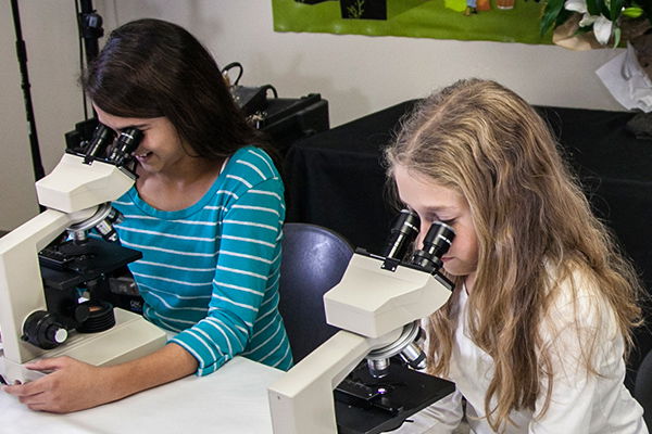 kids looking into microscope